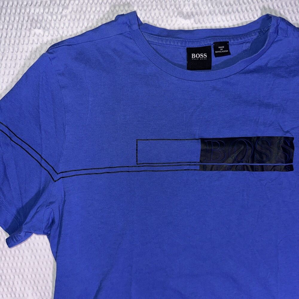 Hugo Boss Blue Logo Stripe Crew Neck T-Shirt Mens Small cotton